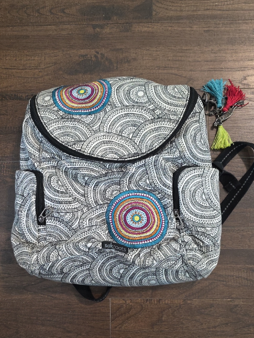 Sakroots Black & White Backpack with Colorful Embroidered Circles